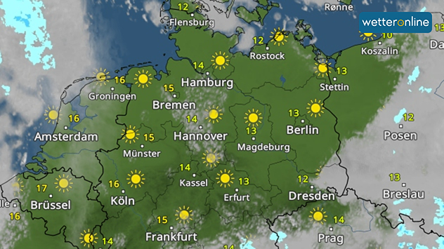 Wetterkarte von Deutschland mit überwiegend sonnigem Wetter und Temperaturen zwischen 12 und 16 Grad in vielen Städten.