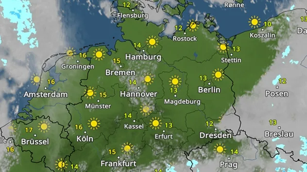 Wetterkarte von Deutschland mit überwiegend sonnigem Wetter und Temperaturen zwischen 12 und 16 Grad in vielen Städten.