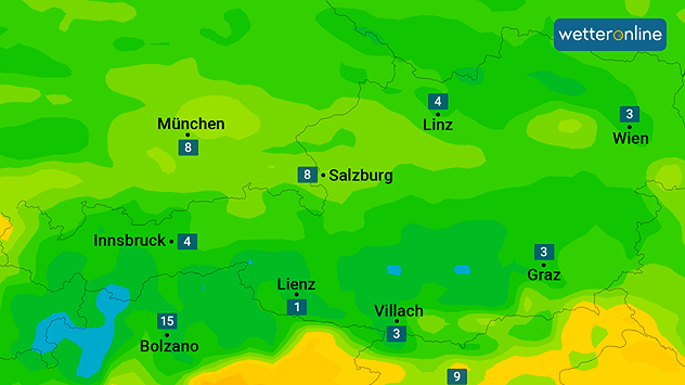 Die Karte zeigt die Taupunkte am Samstagnachmittag in Österreich.