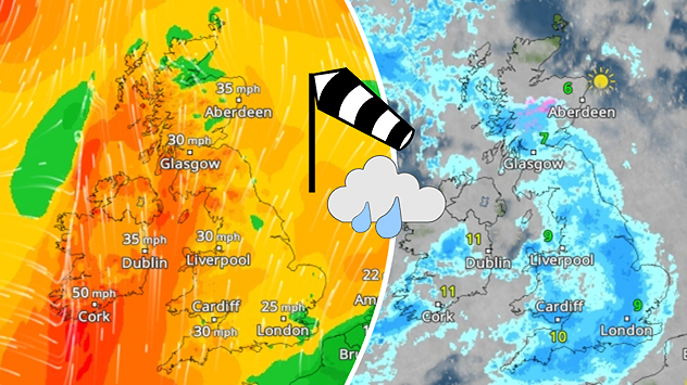 Split image showing a UK wind forecast map on the left with orange and red shading and gusts up to 50 mph, and a rain radar map on the right with widespread blue precipitation bands, plus wind and rain icons centred.