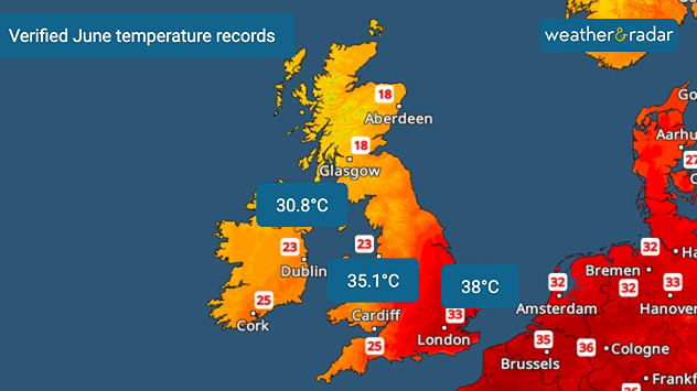 Temperature map of the UK and Ireland highlighting verified June temperature records, with 38°C in England, 35.1°C in Wales, and 30.8°C in Ireland, alongside a background map of June temperatures across the UK.