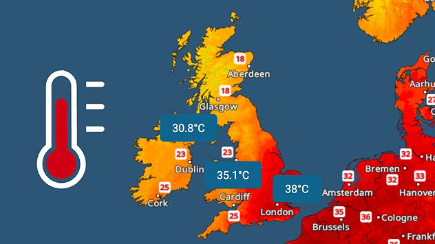 Temperature map of the UK and Ireland highlighting verified June temperature records, with 38°C in England, 35.1°C in Wales, and 30.8°C in Ireland. A large thermometer icon emphasizes record-breaking June heat across the UK.