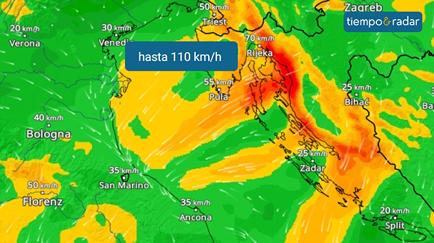 Radar eólico del norte del Adriático con una fuerte bora. A lo largo de la costa croata se registran rachas de hasta 110 km/h.