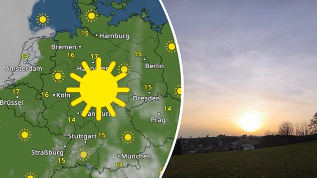 Geteilte Grafik: links eine WetterRadar-Karte von Deutschland mit viel Sonnenschein, rechts ein Sonnenuntergang am 7. März in Schmalkalden. (c) JÃ¶rg Friedrich