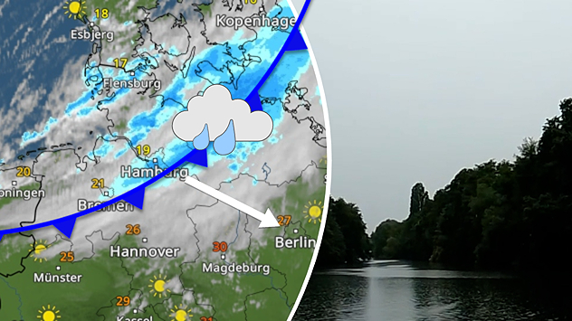WetterRadar mit Kaltfront und Regen über Norddeutschland neben einer Aufnahme mit dunklen Wolken über einem Gewässer.