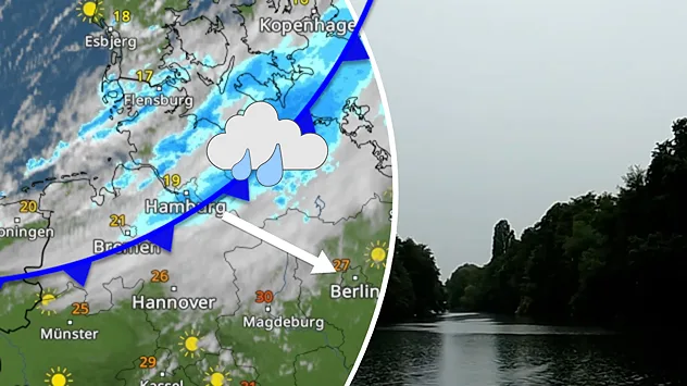 WetterRadar mit Kaltfront und Regen über Norddeutschland neben einer Aufnahme mit dunklen Wolken über einem Gewässer.