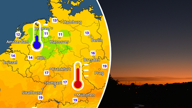 Splitbild. Links eine Temperaturkarte von Deutschland. Rechts ein Bild vom Morgenrot