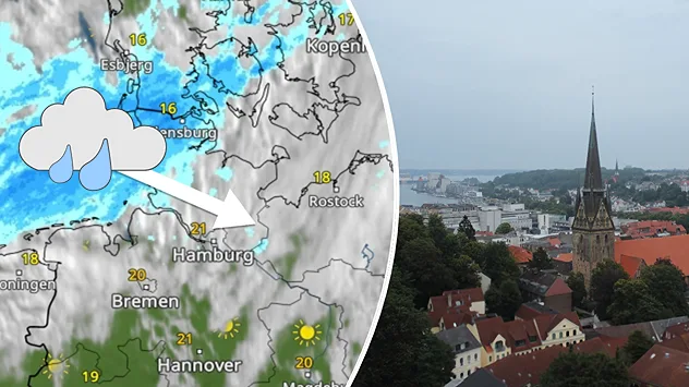 Links das WetterRadar, das im Norden Regen zeigt, rechts ein Webcambild von Flensburg.