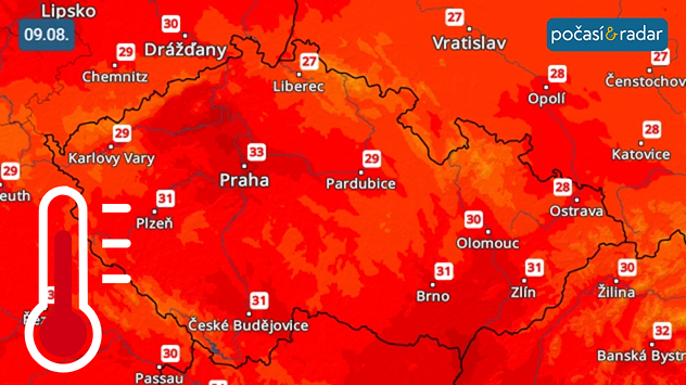 Předpověď maximálních teplot v Česku na sobotu 9. srpna.