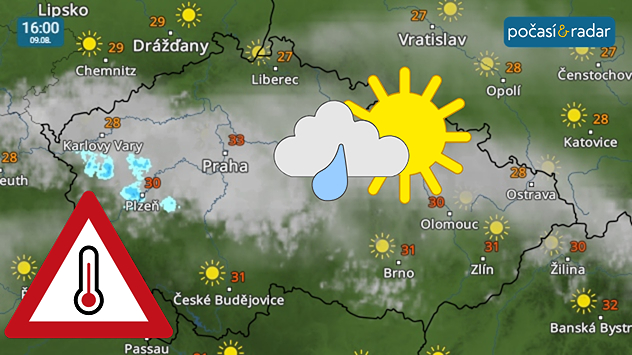 Meteoradar, screenshot, sobota 9. srpna 16:00: Nejvyšší denní teploty budou v Česku stoupat ojediněle až ke 34 °C. Počasí bude převážně slunečné, během odpoledne se však přechodně místy objeví polojasno až oblačno, ojediněle se vyskytnou i slabé přeháňky.