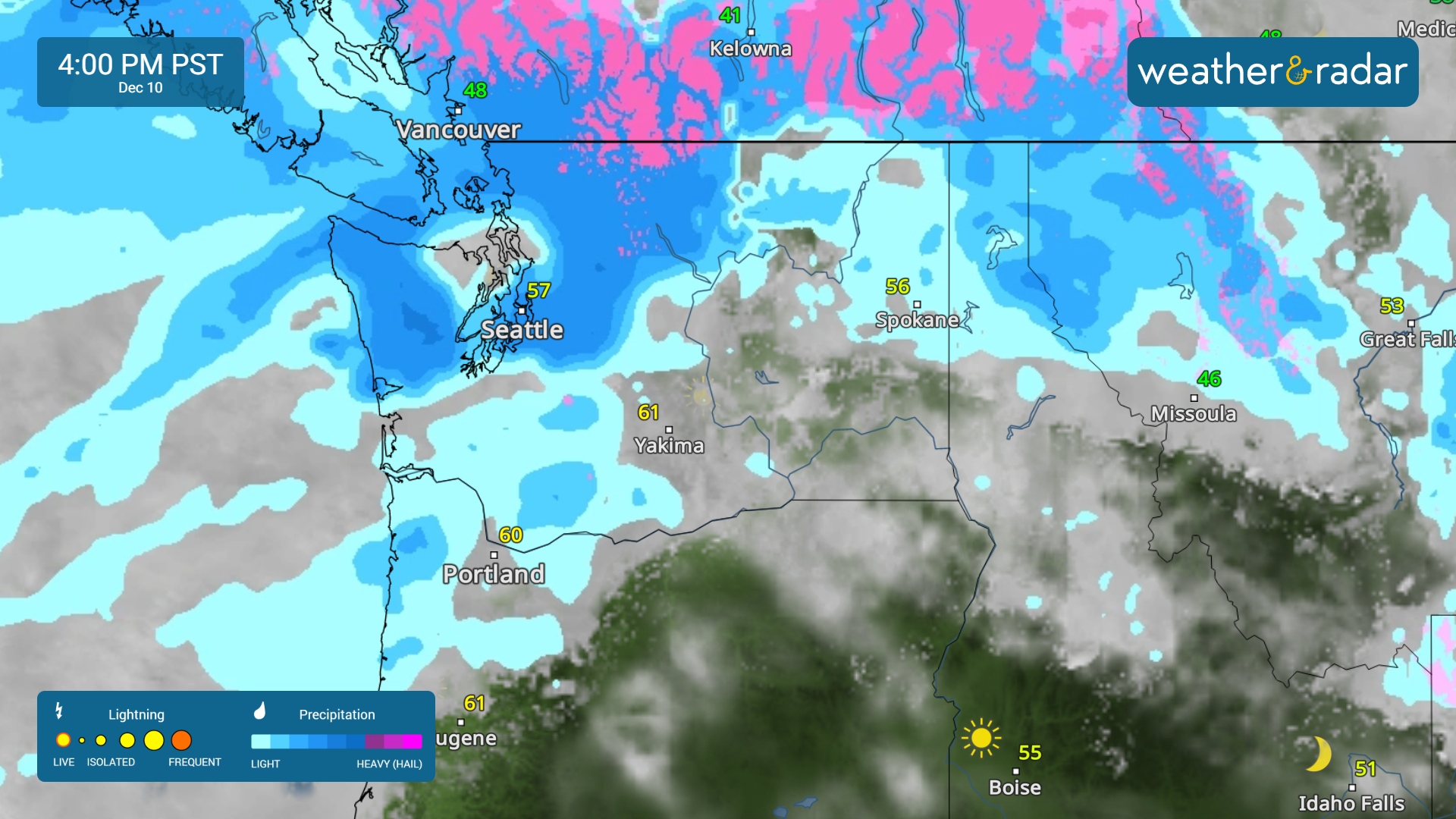 The WeatherRadar shows an atmospheric river impacting the Pacific Northwest.