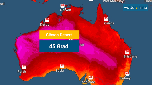 Wetterkarte von Australien mit extremer Hitze, 45 Grad in der Gibson Desert. Rote und pinke Flächen zeigen sehr hohe Temperaturen.