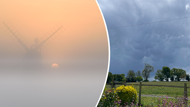 Split image showing a windmill silhouette in dense sunrise fog on the left and dramatic mammatus storm clouds above a countryside field on the right.