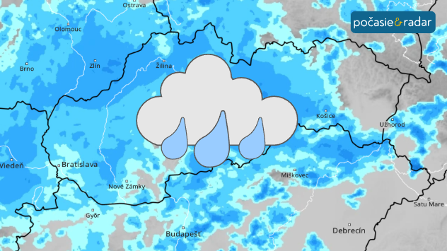 Mapa Slovenska s rozsiahlymi zrážkami a ikonou dažďa, najviac zrážok v strednej časti územia