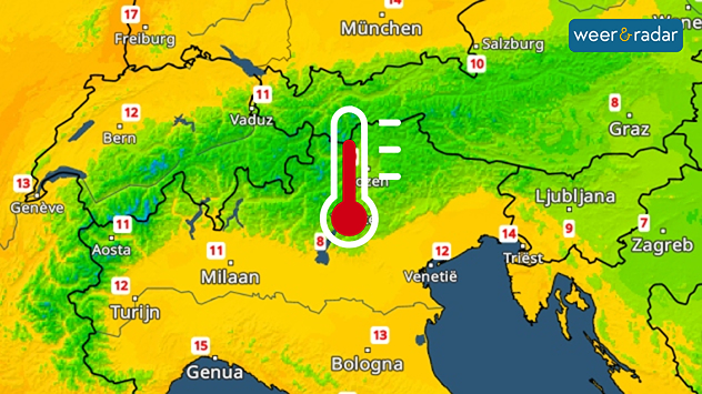 De TemperatuurRadar in de Alpenregio toont vrijwel nergens nog temperaturen onder het vriespunt, alleen op de hoogste toppen zijn lichtblauwe kleuren zichtbaar.