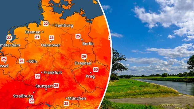 Temperaturkarte mit Werten zwischen 21â¯Â°C (Bremen) und 30â¯Â°C (Prag); daneben eine ruhige, sonnig-bewÃ¶lkte Flusslandschaft mit grÃ¼nem Ufer und blauem Himmel. (c) Gabriele Klein