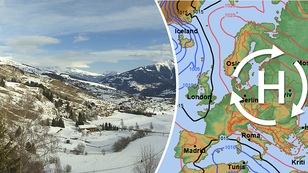 Links: Teils verschneite Alpenlandschaft mit einem kleinen Dorf, sanften Hängen und umliegenden Bergen unter wechselnder Bewölkung; Rechts: Isobarenkarte Europa