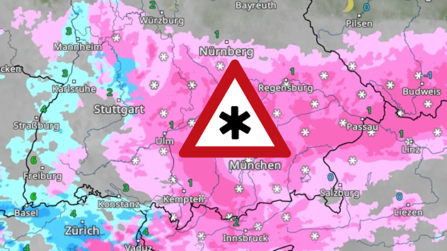 Radarbild von Bayern mit großflächigem Schneefall am Donnerstagabend. Rosa Flächen zeigen intensive Niederschläge, Schneesymbole sind verteilt. Ein Warnschild mit Schneeflocke ist zentral eingeblendet.
