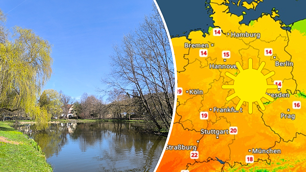 Geteilte Grafik: links Frühlingslandschaft mit Teich in Schmalkalden zwischen Werra und westlichem Thüringer Wald, aufgenommen am 6. April, rechts eine TemperaturRadar-Karte von Deutschland mit viel Sonnenschein und frühlingshaften Temperaturen.