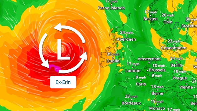 WindRadar forecast for Monday: Former Hurricane ERIN reaches Europe as an extratropical storm.