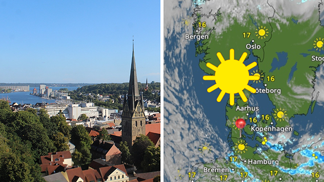 Webcam-Bild von Flensburg und WetterRadar mit großer sonniger Zone durch Föhn.