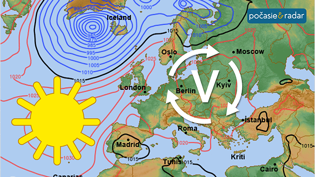 Synoptická mapa Európy s tlakovou výšou nad strednou a východnou Európou a slnečným počasím