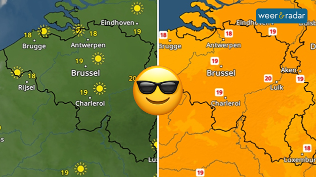 De WeerRadar links toont geen wolken. De TemperatuurRadar rechts toont temperaturen van 17 tot 20 graden. Een smiley met zonnebril is ingetekend tussen beide afbeeldingen.