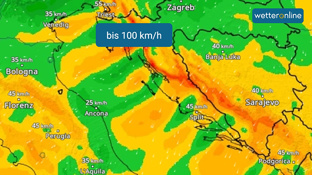 WindRadar zeigt starken Nordostwind an der kroatischen Adriaküste