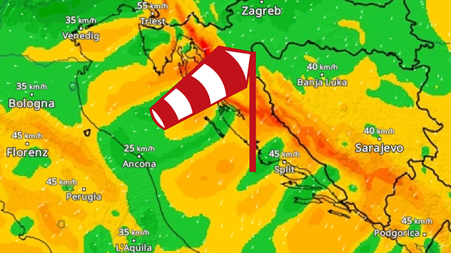 WindRadar zeigt starken Nordostwind an der kroatischen Adriaküste