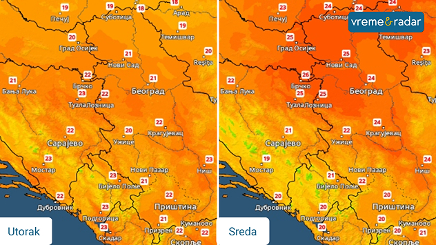 Temperatura u utorak i sredu