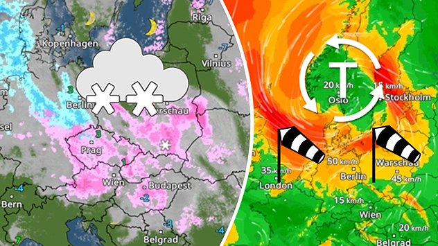 WetterRadar für Silvester zeigt Schneefälle in Mittel-und Osteuropa (links) und WindRadar mit kräftigem Wind an Neujahr (rechts)