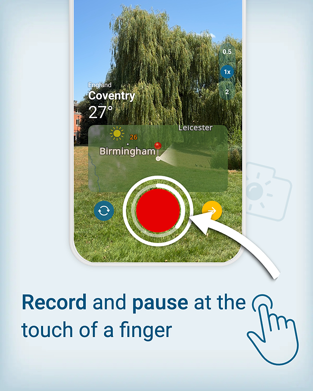 Promotional graphic showing the Weather &amp; Radar app recording screen with a live weather view from Coventry, England, a large red record button, weather map overlay, zoom controls, and the instruction “Record and pause at the touch of a finger.”