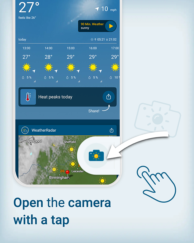 Promotional graphic showing a weather app on a smartphone with a forecast, weather map, and highlighted camera button, alongside the instruction “Open the camera with a tap” and a hand icon indicating where to press.