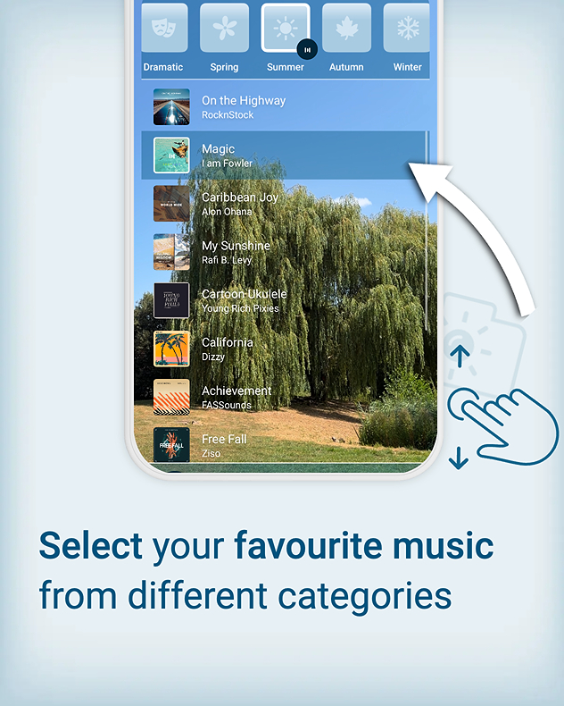 Promotional graphic showing the Weather &amp; Radar app with a music library overlay, seasonal music categories, and a list of soundtrack options above a live weather recording. The text reads “Select your favourite music from different categories.”