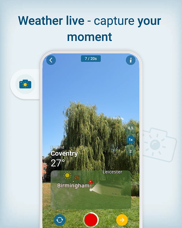 romotional graphic for the Weather &amp; Radar app showing a smartphone recording a live weather video in Coventry, England, with a temperature of 27°C, a weather map overlay, recording controls, zoom options, and the headline “Weather live – capture your moment.”