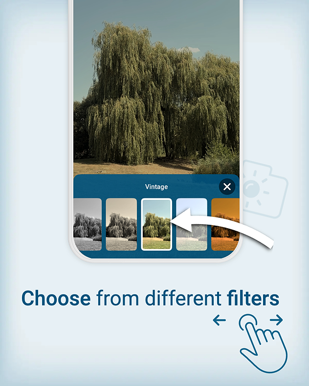 Promotional graphic showing the Weather &amp; Radar app with a live weather video and a filter selection panel featuring multiple visual styles, including a highlighted vintage filter. The text reads “Choose from different filters.”