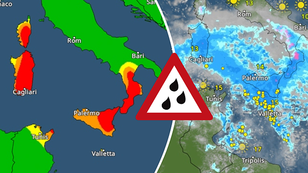 Links zeigt die Karte eine Unwetterwarnung für den Süden Italiens. Rechts sind im WetterRadar Regen und Gewitter zu sehen.