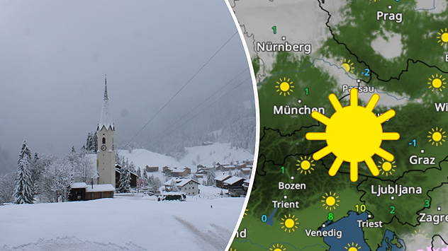 Winterlandschaft in Österreich mit einer Kirche und eine Wetterkarte mit viel Sonne in den Alpen.