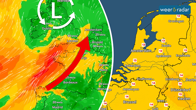 Een zuidwestenwind stuurt warme lucht van Zuidwest-Europa richting de Benelux. Die luchtstroom is met een rode pijl aangegeven en dat wordt aangestuurd door een lagedrukgebied boven de Britse Eilanden, ingetekend met een rode pijl. Dat is de linkerhelft van de kaart, rechts ziet men de temperatuurkaart van Nederland met 13 tot 15 graden daarop zichtbaar.