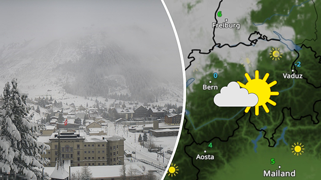 Verschneite Stadt Andermatt mit Gebäuden, Schweizer Flagge und nebelverhangenen Bergen. Winterliche Szenerie mit dichtem Neuschnee. WetterRadar mit viel Sonne für die Schweiz.