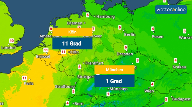 TemperaturRadar zeigt Höchstwerte über 10 Grad im Westen und um 0 Grad im Südosten.
