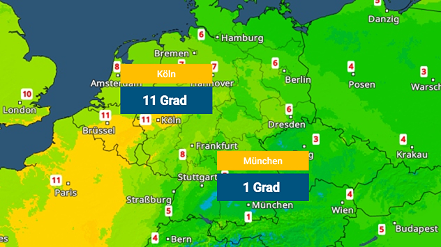 TemperaturRadar zeigt Höchstwerte über 10 Grad im Westen und um 0 Grad im Südosten.