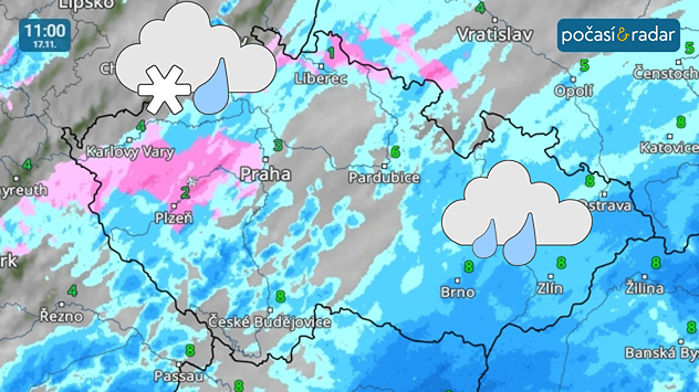 Meteoradar, screenshot, 17. 11. 11:00: Pondělí se v Česku ponese v duchu trvalejších srážek, které budou postupně od středních poloh přecházet ve sněhové.