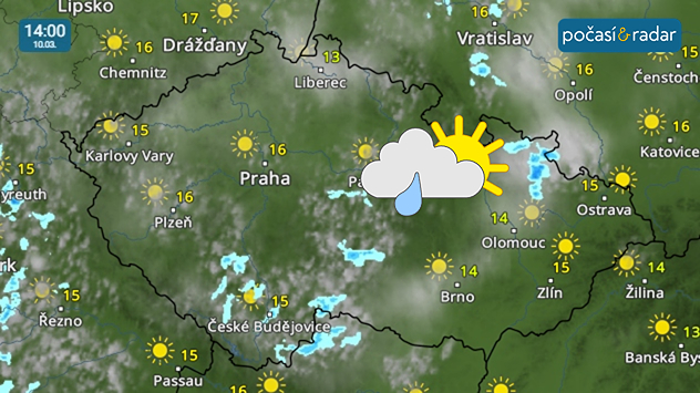 Meteoradar, screenshot, 10. 3. 14:00: Od úterý se v Česku začnou častěji objevovat přeháňky.