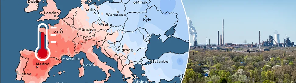 Links zeigt eine Europakarte die Temperaturabweichungen im April mit positiven Werten in Westeuropa und negativen in Osteuropa. Rechts ist ein Industriegebiet mit Schornsteinen und Bäumen im Vordergrund zu sehen.