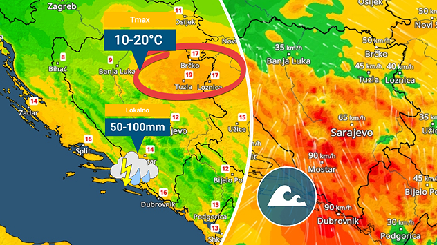 Valovi nekoliko metara. Na istoku 20°C