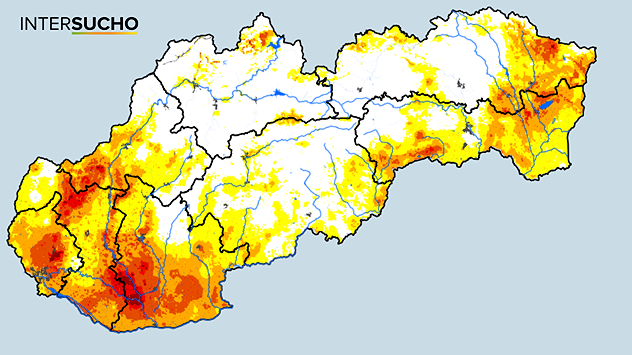 Mapa intenzity sucha na Slovensku podľa portálu Intersucho so zvýraznenými suchšími oblasťami najmä na juhozápade, juhu a východe krajiny