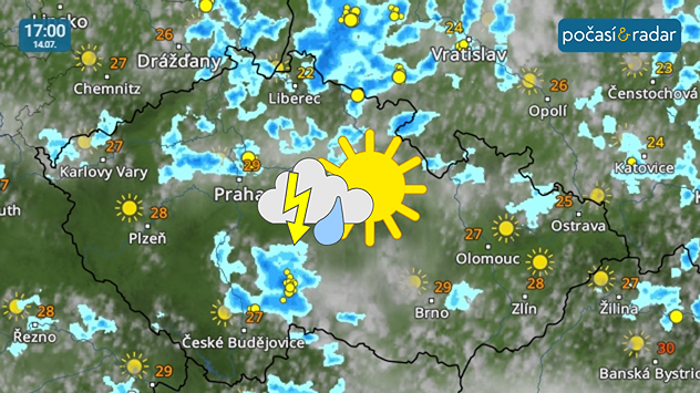 Meteoradar, screenshot, 14. 7. 17:00: V novém týdnu nás čekají velmi vysoké teploty a převážně slunečné počasí. V některých dnech se však častěji vyskytnou i přeháňky a bouřky.