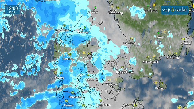 VejrRadar viser regn og sol over Danmark den 29. oktober.