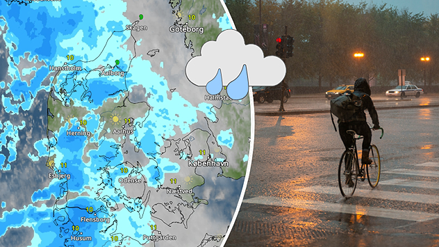 Splitbillede. Venstre kort viser udbredt regn over Danmark. Højre kort viser en cyclist i regnvejr.
